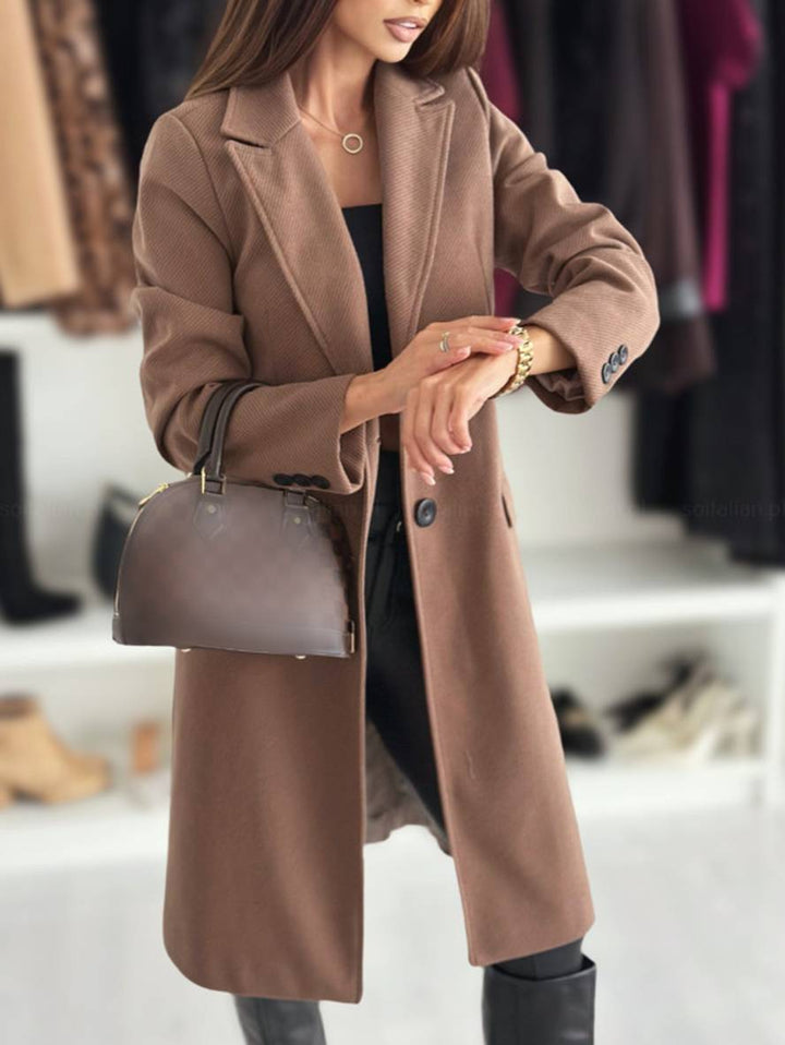 Levoire | Manteau Mi-Long Uni Boutons Poches Col Boutonné Manches Longues Femmes Élégant Décontracté