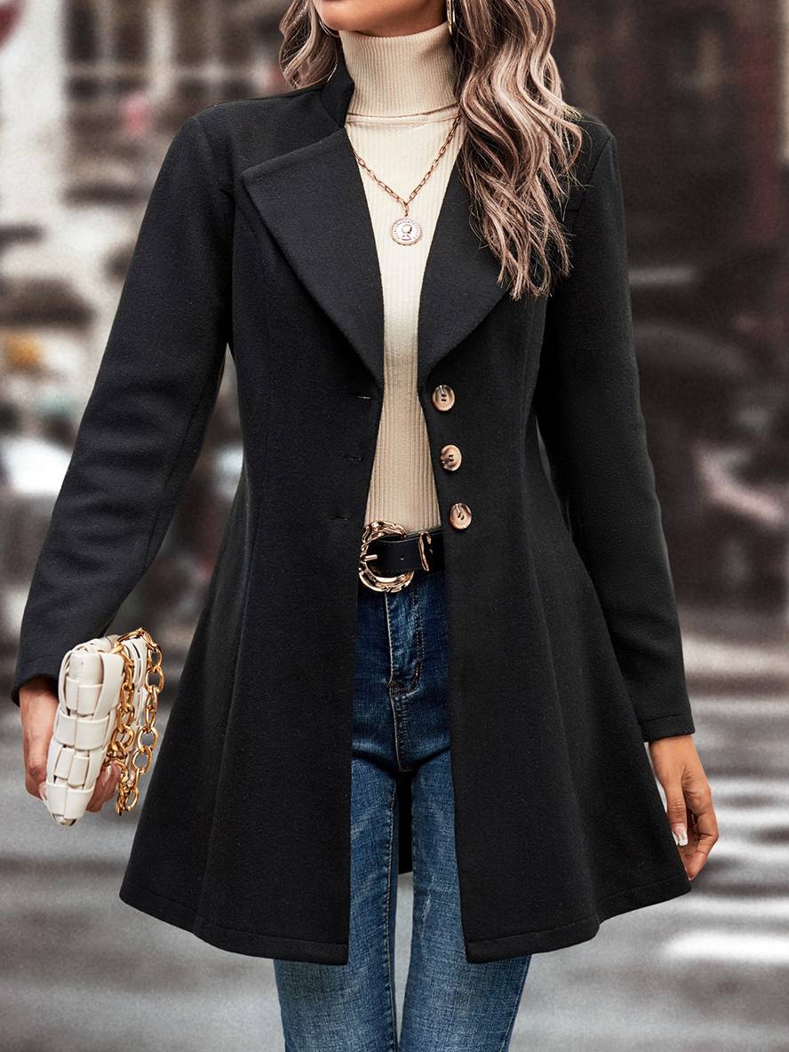 Levoire | Mi-Longueur A-Ligne Manteau En Laine À Boutons Revers Manches Longues Dames Mode Élégante Veste Noir