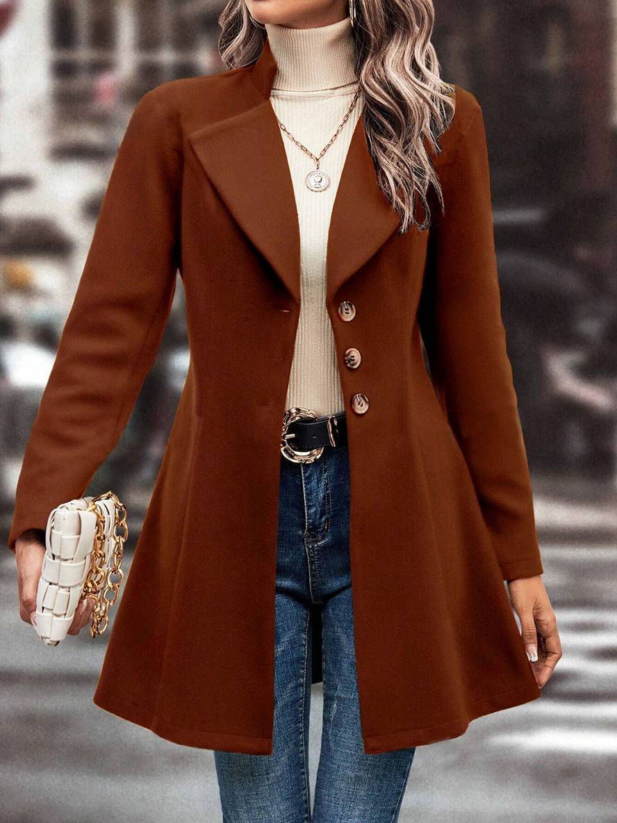 Levoire | Mi-Longueur A-Ligne Manteau En Laine À Boutons Revers Manches Longues Dames Mode Élégante Veste Café