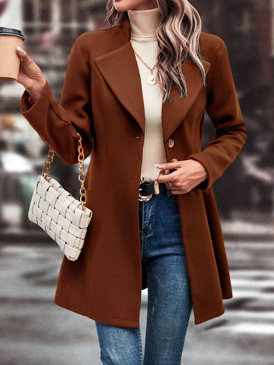 Levoire | Mi-Longueur A-Ligne Manteau En Laine À Boutons Revers Manches Longues Dames Mode Élégante Veste