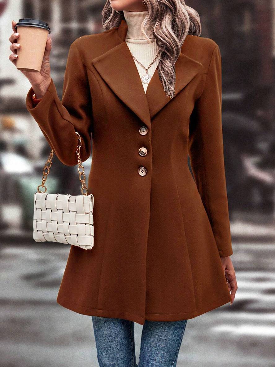 Levoire | Mi-Longueur A-Ligne Manteau En Laine À Boutons Revers Manches Longues Dames Mode Élégante Veste