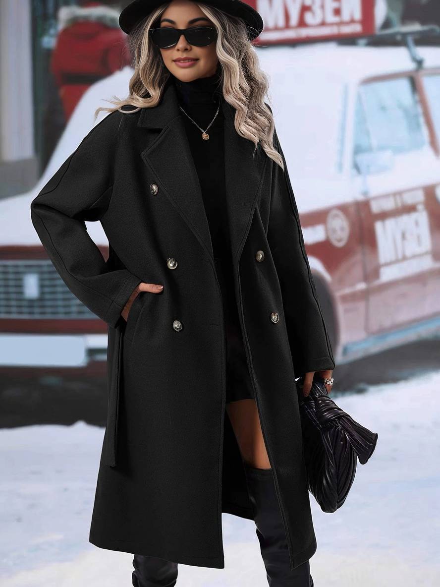 Levoire | Manteau En Laine Midi-Long À Double Bouton Avec Poches, Ceinturé, Élégant, Décontracté, Veste De Loisirs