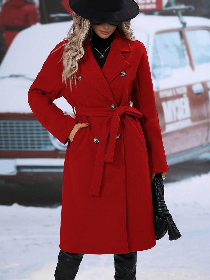 Levoire | Manteau En Laine Midi-Long À Double Bouton Avec Poches, Ceinturé, Élégant, Décontracté, Veste De Loisirs