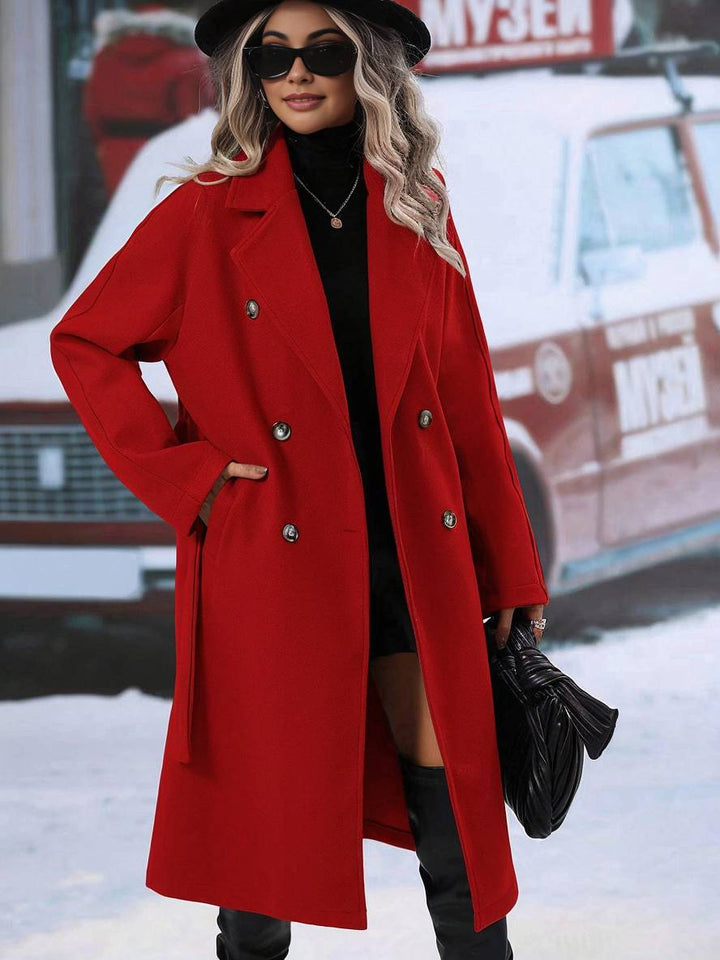 Levoire | Manteau En Laine Midi-Long À Double Bouton Avec Poches, Ceinturé, Élégant, Décontracté, Veste De Loisirs