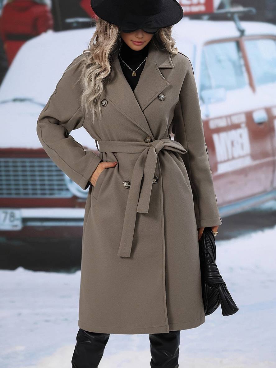 Levoire | Manteau En Laine Midi-Long À Double Bouton Avec Poches, Ceinturé, Élégant, Décontracté, Veste De Loisirs
