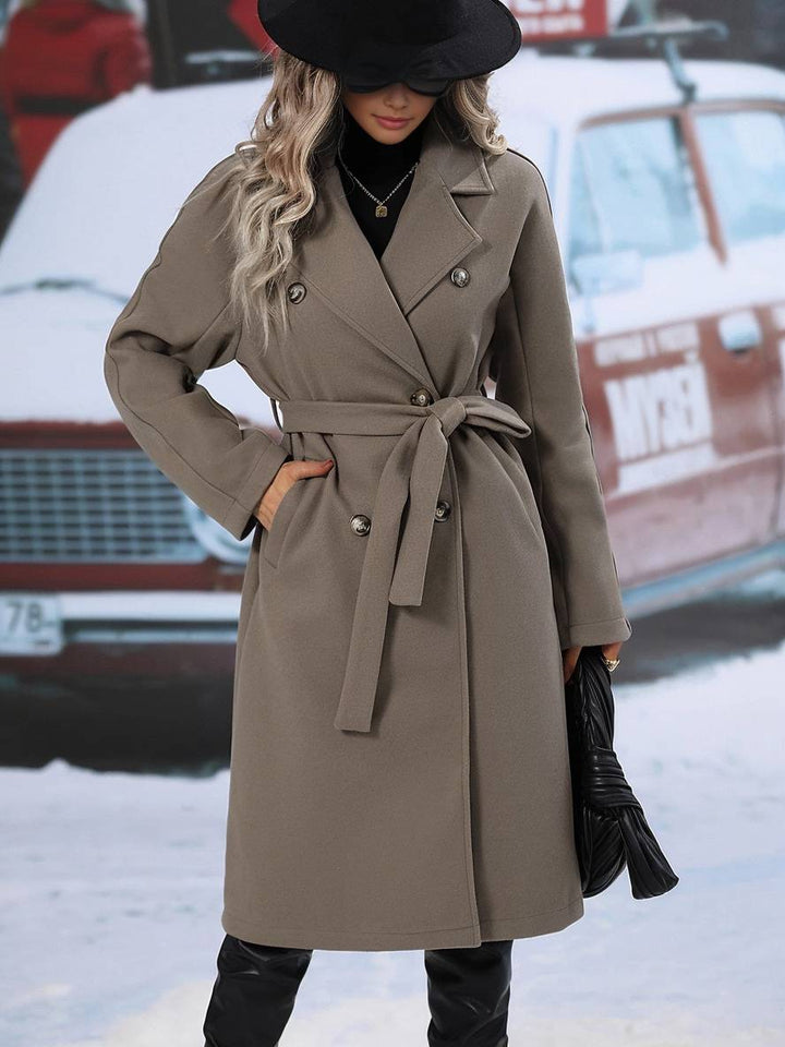 Levoire | Manteau En Laine Midi-Long À Double Bouton Avec Poches, Ceinturé, Élégant, Décontracté, Veste De Loisirs