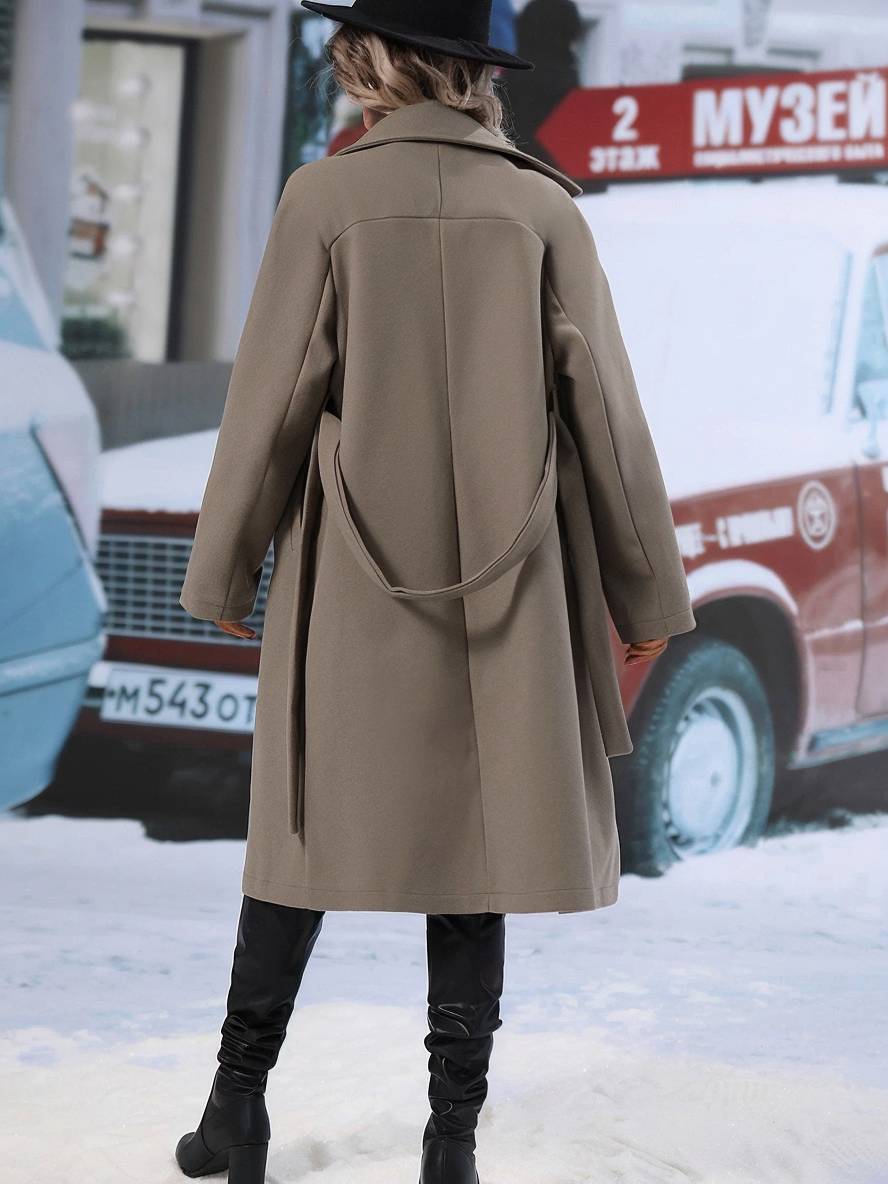 Levoire | Manteau En Laine Midi-Long À Double Bouton Avec Poches, Ceinturé, Élégant, Décontracté, Veste De Loisirs