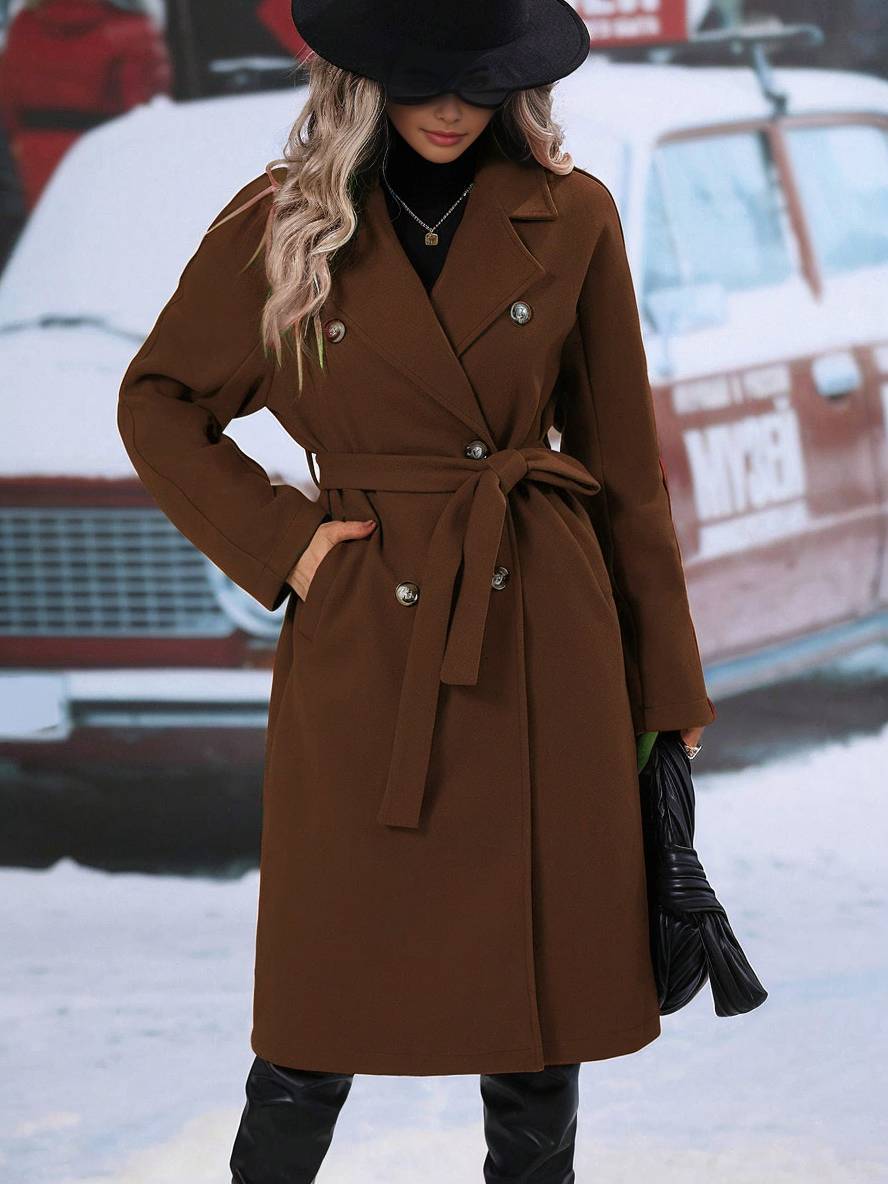 Levoire | Manteau En Laine Midi-Long À Double Bouton Avec Poches, Ceinturé, Élégant, Décontracté, Veste De Loisirs