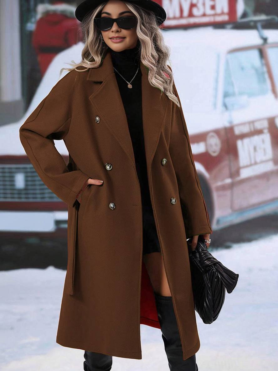 Levoire | Manteau En Laine Midi-Long À Double Bouton Avec Poches, Ceinturé, Élégant, Décontracté, Veste De Loisirs