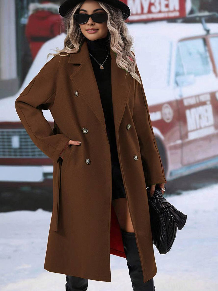 Levoire | Manteau En Laine Midi-Long À Double Bouton Avec Poches, Ceinturé, Élégant, Décontracté, Veste De Loisirs