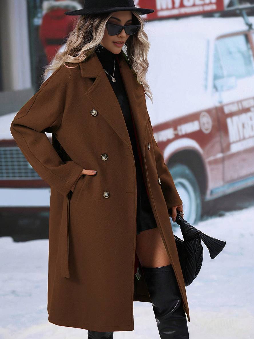 Levoire | Manteau En Laine Midi-Long À Double Bouton Avec Poches, Ceinturé, Élégant, Décontracté, Veste De Loisirs