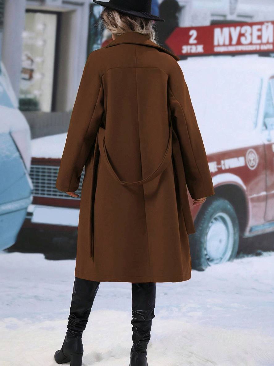 Levoire | Manteau En Laine Midi-Long À Double Bouton Avec Poches, Ceinturé, Élégant, Décontracté, Veste De Loisirs