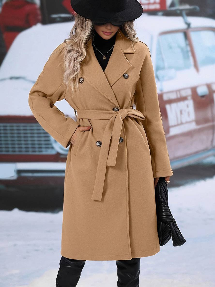 Levoire | Manteau En Laine Midi-Long À Double Bouton Avec Poches, Ceinturé, Élégant, Décontracté, Veste De Loisirs
