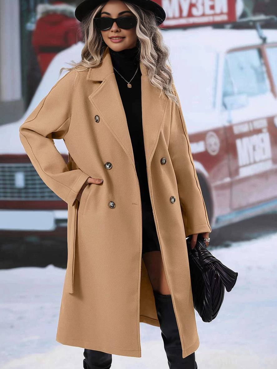 Levoire | Manteau En Laine Midi-Long À Double Bouton Avec Poches, Ceinturé, Élégant, Décontracté, Veste De Loisirs
