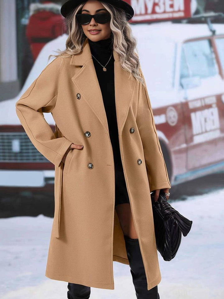 Levoire | Manteau En Laine Midi-Long À Double Bouton Avec Poches, Ceinturé, Élégant, Décontracté, Veste De Loisirs