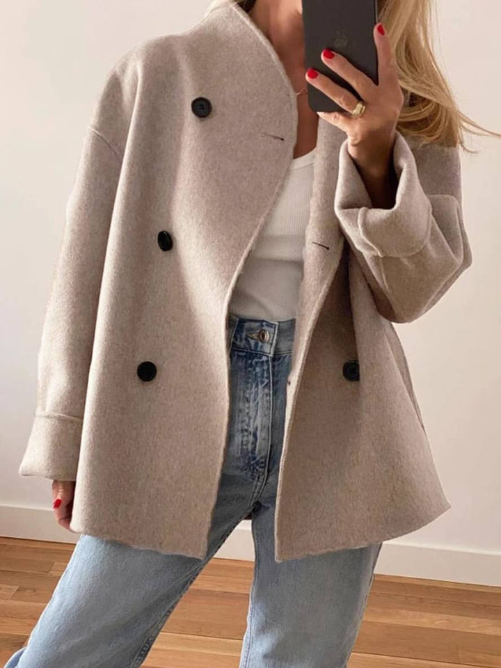 Levoire | Manteau Caban Court Double Boutonnage Poches Col Revers Manches Longues Femme Élégant Décontracté Manteau Khaki