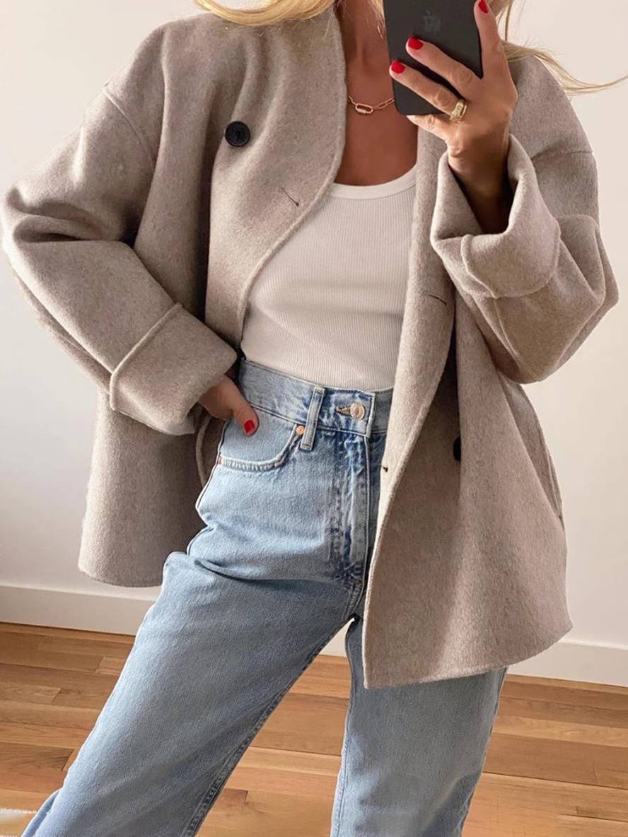 Levoire | Manteau Caban Court Double Boutonnage Poches Col Revers Manches Longues Femme Élégant Décontracté Manteau