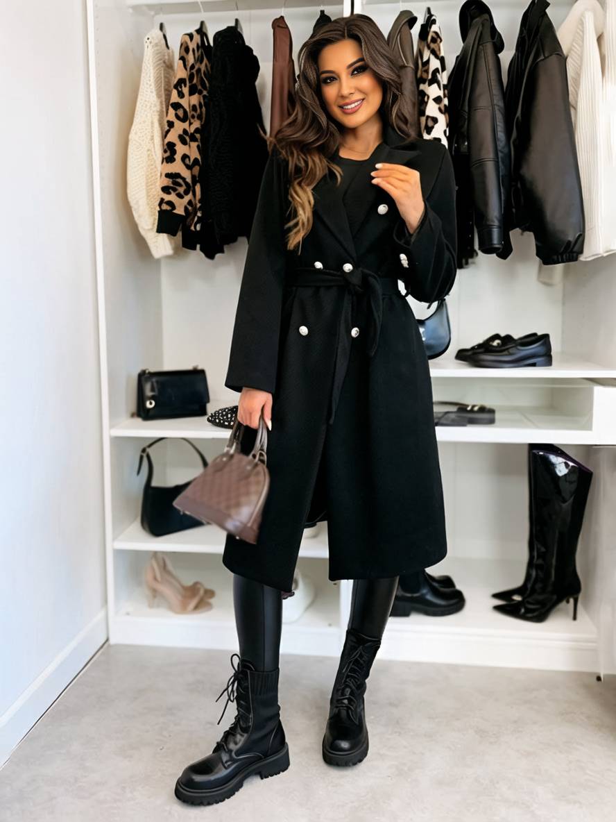 Levoire | Manteau Mi-Long En Laine Solide À Double Boutonnage Avec Ceinture Col Revers Femme Veste De Loisirs Noir