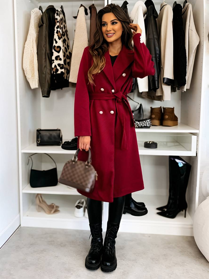 Levoire | Manteau Mi-Long En Laine Solide À Double Boutonnage Avec Ceinture Col Revers Femme Veste De Loisirs