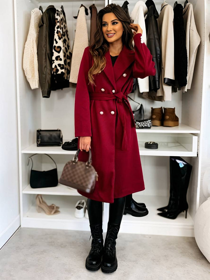 Levoire | Manteau Mi-Long En Laine Solide À Double Boutonnage Avec Ceinture Col Revers Femme Veste De Loisirs