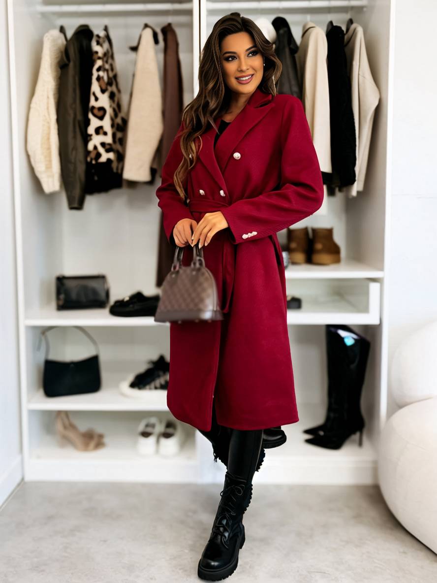 Levoire | Manteau Mi-Long En Laine Solide À Double Boutonnage Avec Ceinture Col Revers Femme Veste De Loisirs