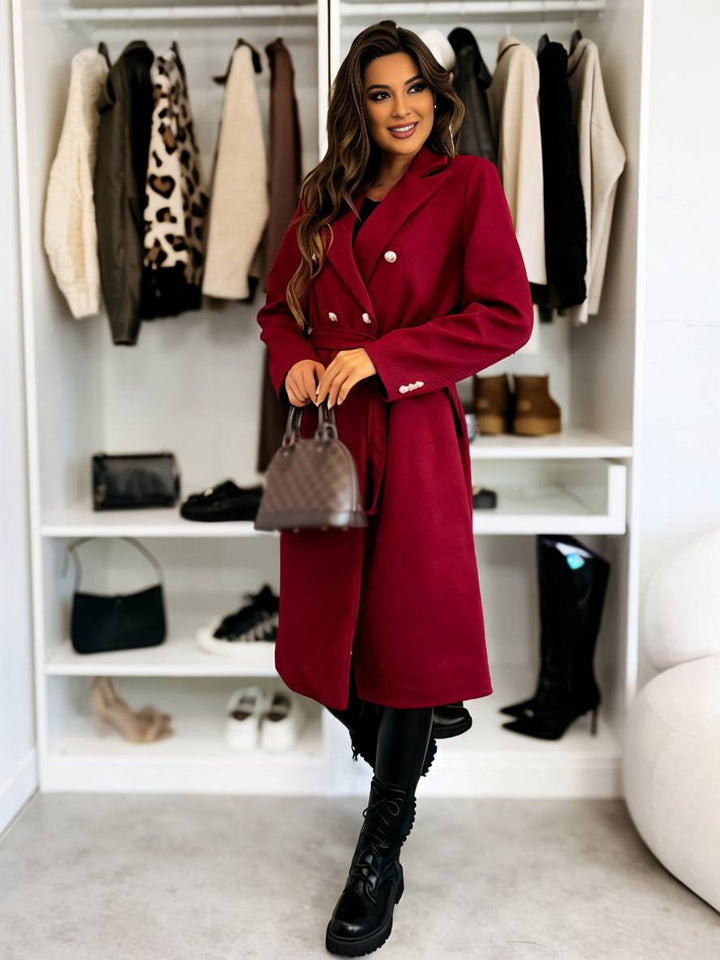 Levoire | Manteau Mi-Long En Laine Solide À Double Boutonnage Avec Ceinture Col Revers Femme Veste De Loisirs