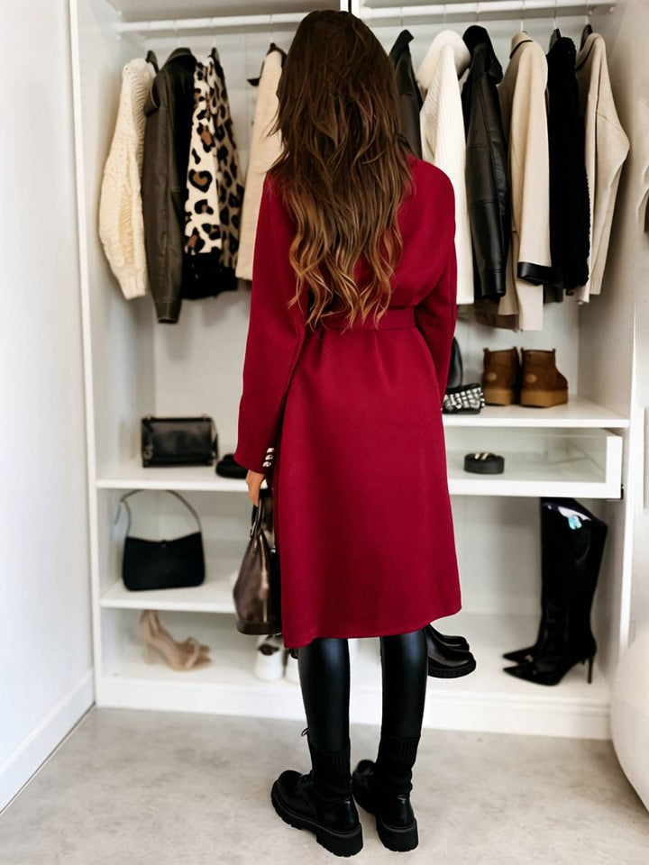 Levoire | Manteau Mi-Long En Laine Solide À Double Boutonnage Avec Ceinture Col Revers Femme Veste De Loisirs