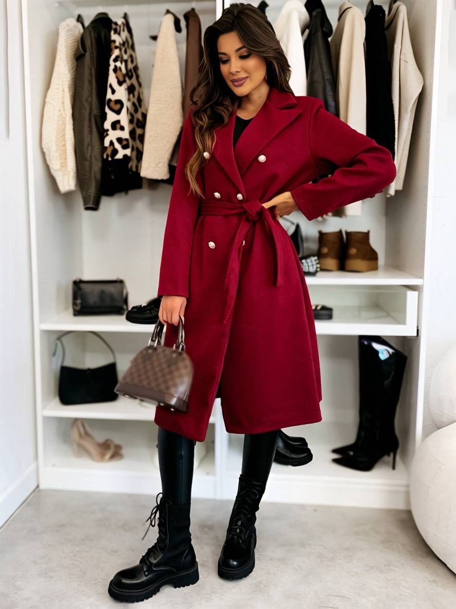 Levoire | Manteau Mi-Long En Laine Solide À Double Boutonnage Avec Ceinture Col Revers Femme Veste De Loisirs Rot