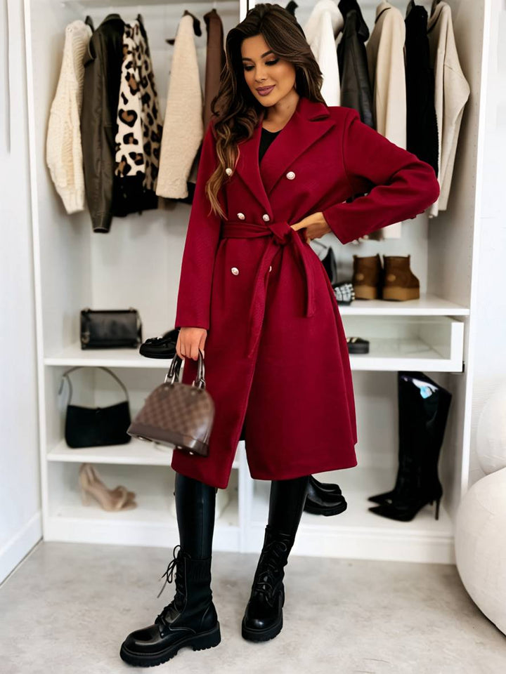 Levoire | Manteau Mi-Long En Laine Solide À Double Boutonnage Avec Ceinture Col Revers Femme Veste De Loisirs Rot