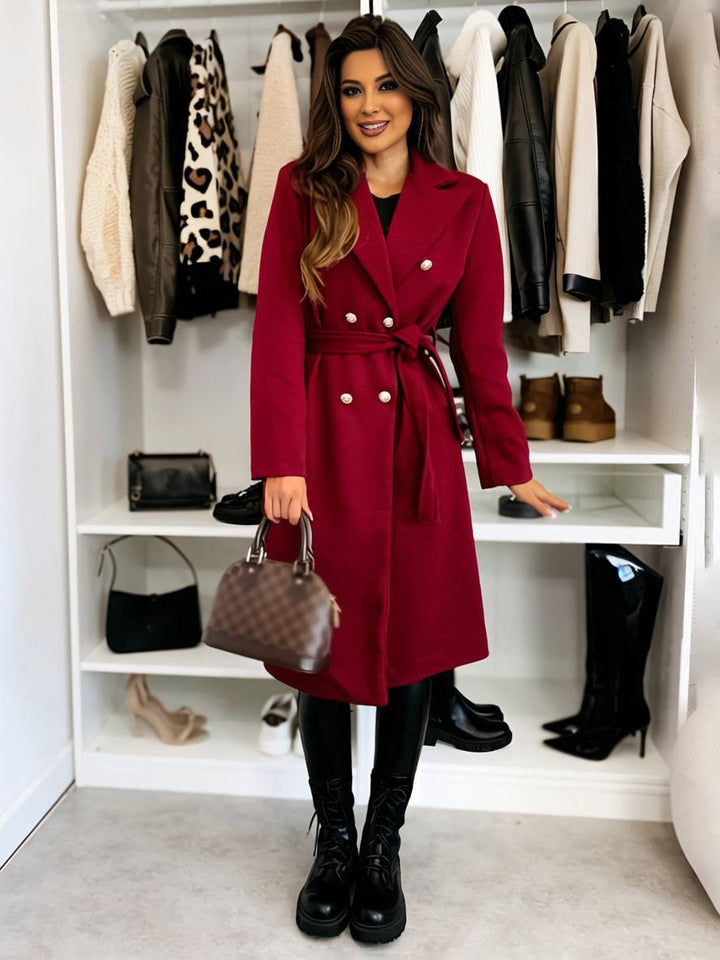 Levoire | Manteau Mi-Long En Laine Solide À Double Boutonnage Avec Ceinture Col Revers Femme Veste De Loisirs