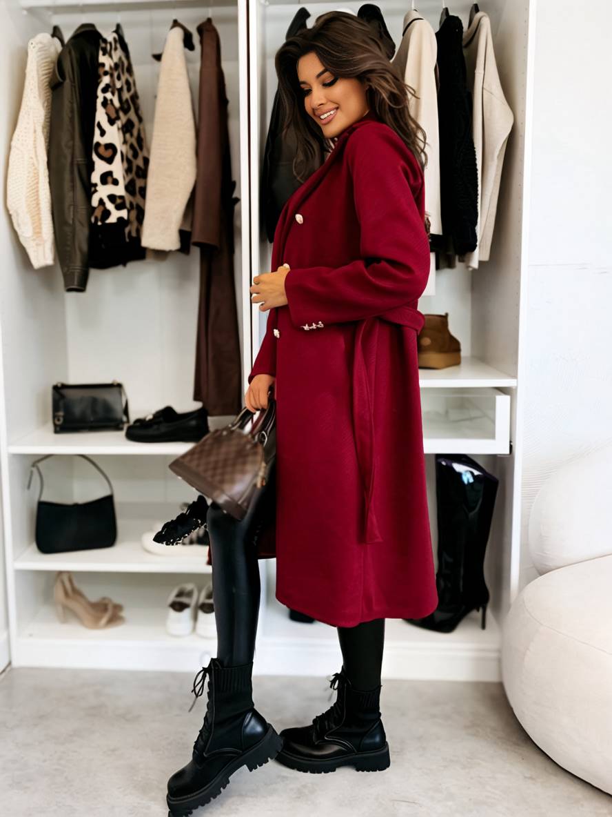 Levoire | Manteau Mi-Long En Laine Solide À Double Boutonnage Avec Ceinture Col Revers Femme Veste De Loisirs