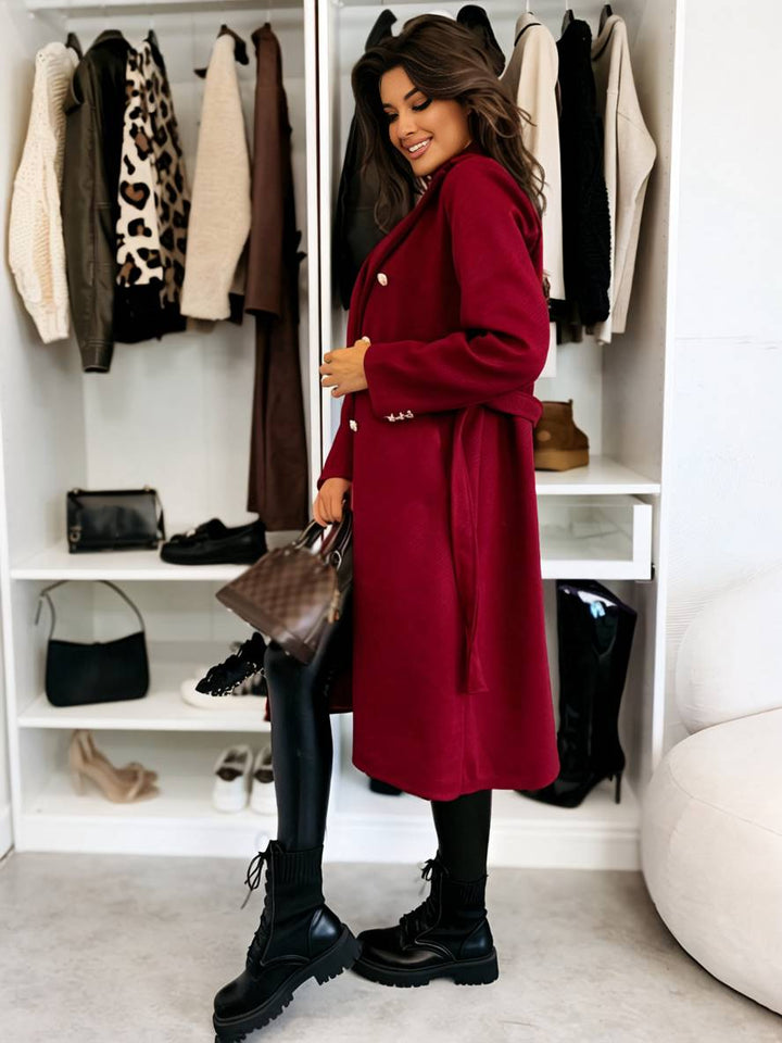 Levoire | Manteau Mi-Long En Laine Solide À Double Boutonnage Avec Ceinture Col Revers Femme Veste De Loisirs