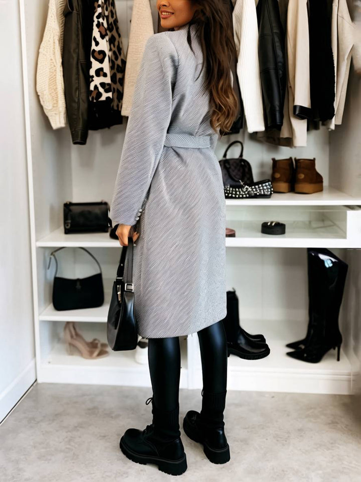 Levoire | Manteau Mi-Long En Laine Solide À Double Boutonnage Avec Ceinture Col Revers Femme Veste De Loisirs