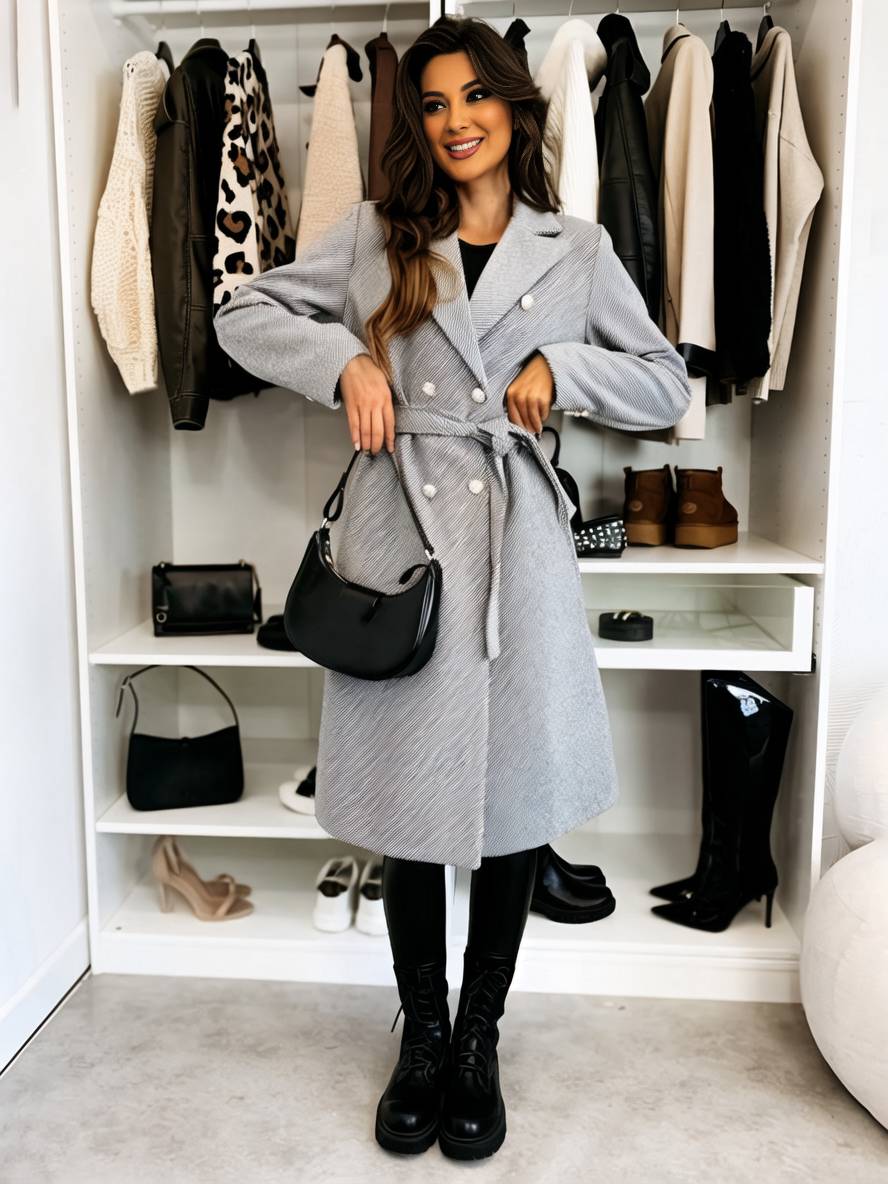 Levoire | Manteau Mi-Long En Laine Solide À Double Boutonnage Avec Ceinture Col Revers Femme Veste De Loisirs