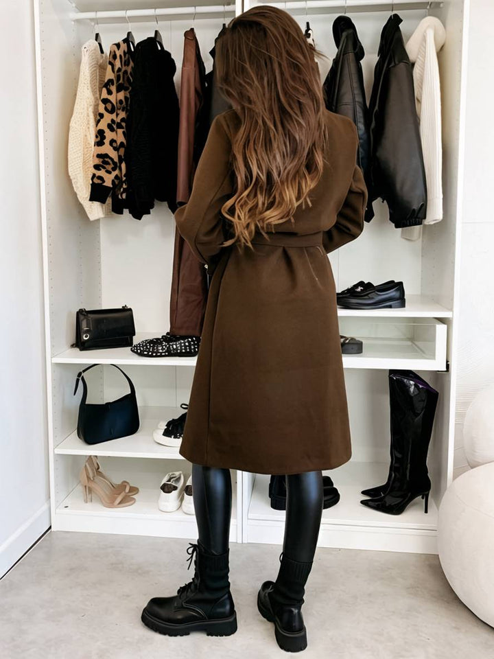 Levoire | Manteau Mi-Long En Laine Solide À Double Boutonnage Avec Ceinture Col Revers Femme Veste De Loisirs