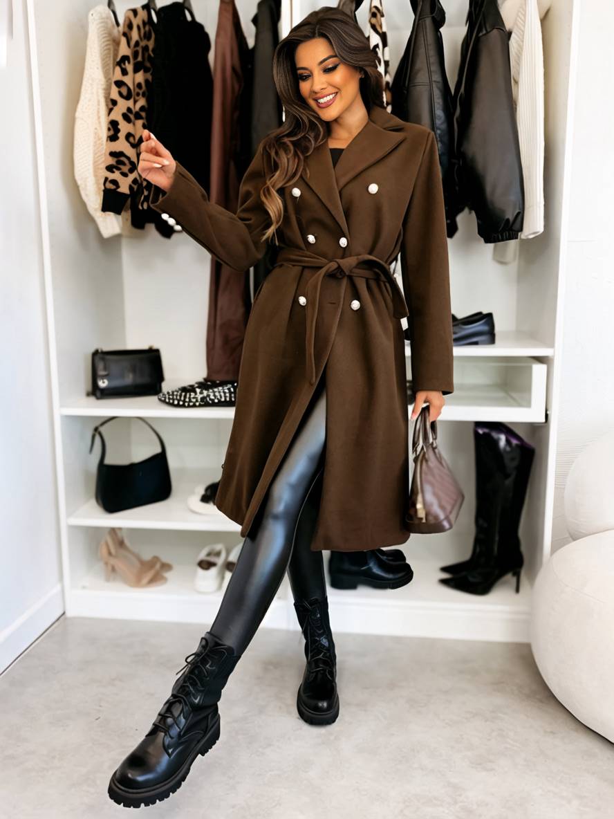 Levoire | Manteau Mi-Long En Laine Solide À Double Boutonnage Avec Ceinture Col Revers Femme Veste De Loisirs Café