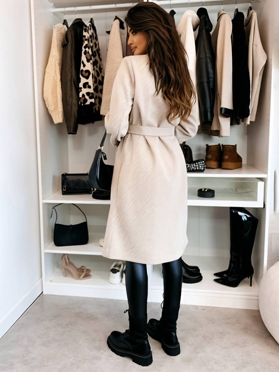 Levoire | Manteau Mi-Long En Laine Solide À Double Boutonnage Avec Ceinture Col Revers Femme Veste De Loisirs