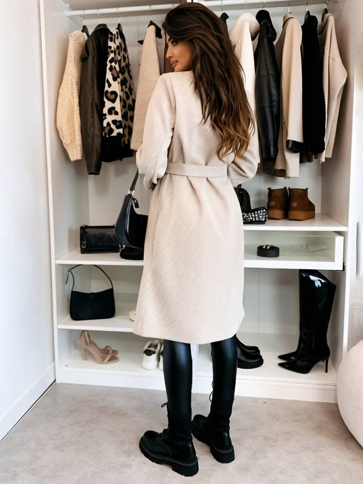 Levoire | Manteau Mi-Long En Laine Solide À Double Boutonnage Avec Ceinture Col Revers Femme Veste De Loisirs