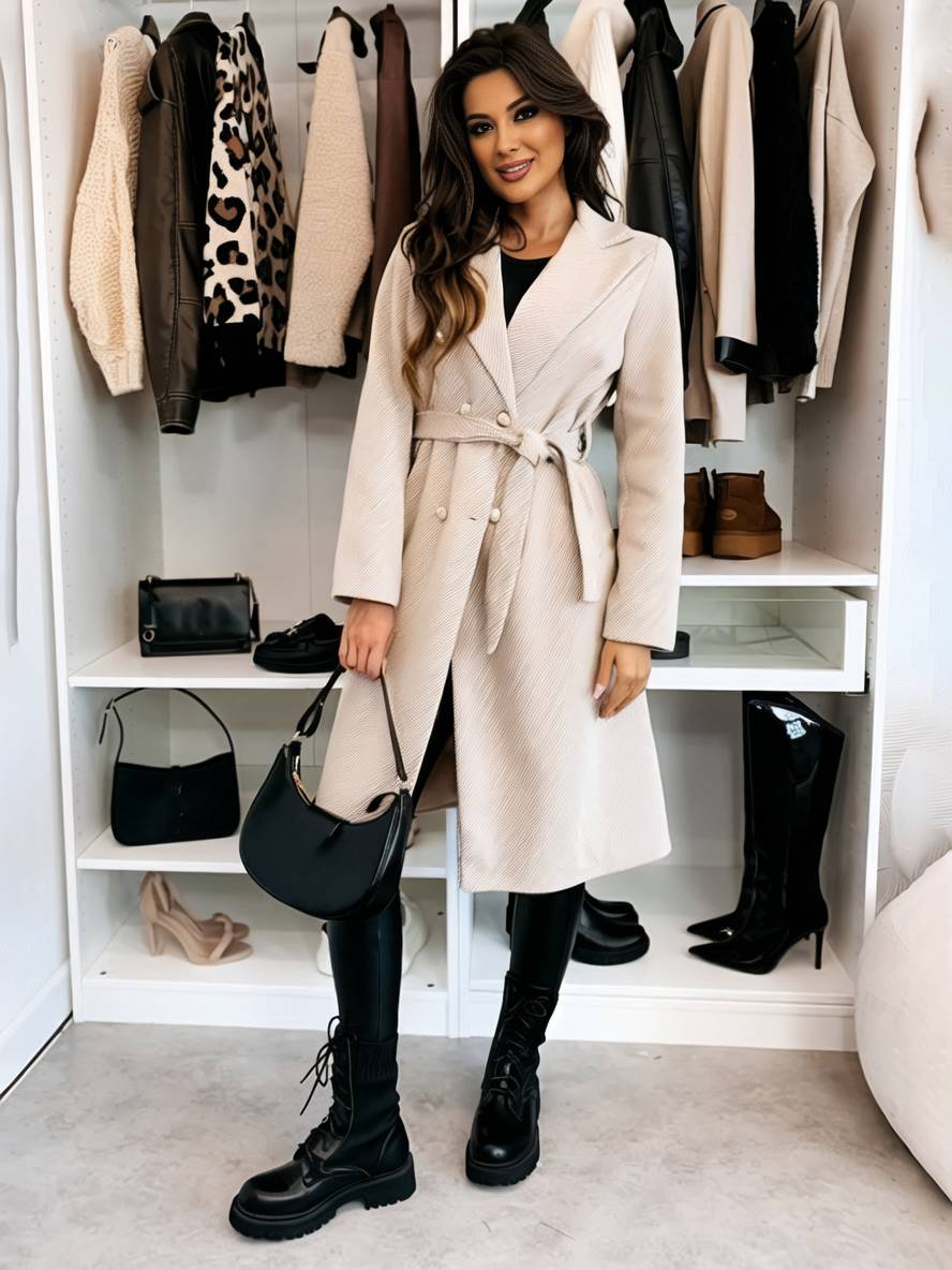 Levoire | Manteau Mi-Long En Laine Solide À Double Boutonnage Avec Ceinture Col Revers Femme Veste De Loisirs Abricot