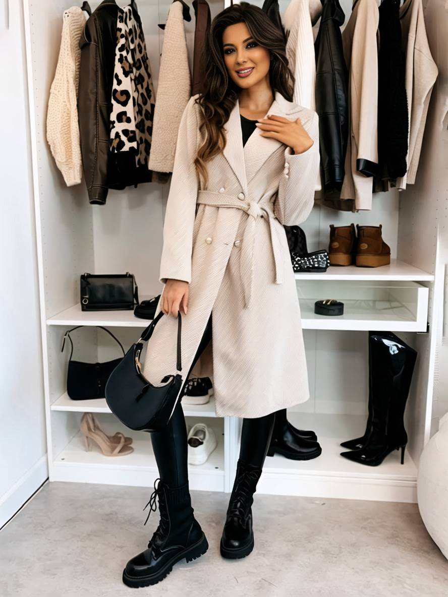 Levoire | Manteau Mi-Long En Laine Solide À Double Boutonnage Avec Ceinture Col Revers Femme Veste De Loisirs