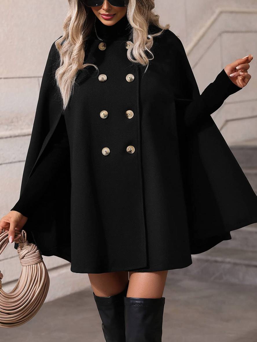 Levoire | Manteau Poncho Court Femme À Double Boutonnage Revers Manches Chauve-Souris Élégante Veste Ample Noir