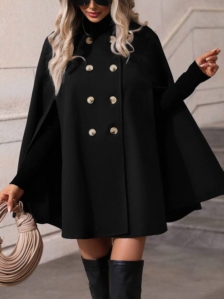 Levoire | Manteau Poncho Court Femme À Double Boutonnage Revers Manches Chauve-Souris Élégante Veste Ample Noir