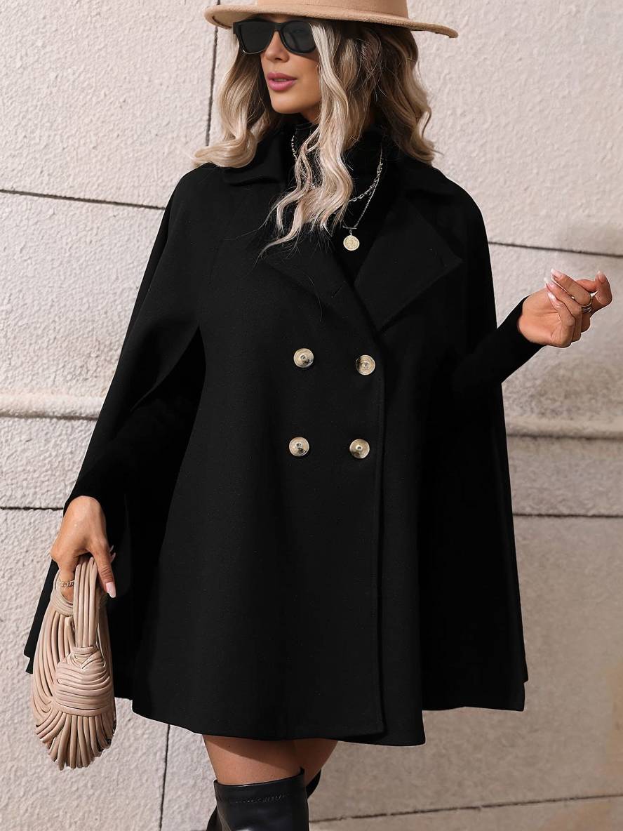 Levoire | Manteau Poncho Court Femme À Double Boutonnage Revers Manches Chauve-Souris Élégante Veste Ample