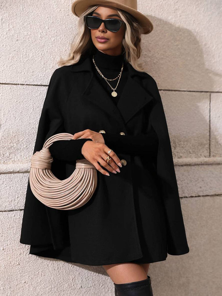 Levoire | Manteau Poncho Court Femme À Double Boutonnage Revers Manches Chauve-Souris Élégante Veste Ample
