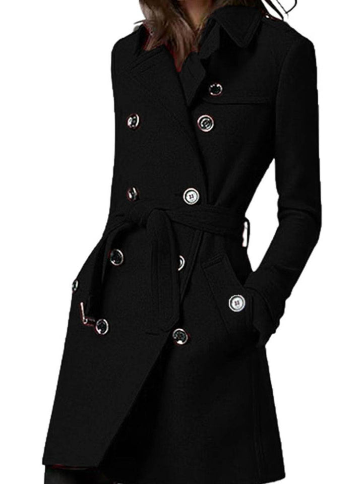 Levoire | Mi-Long Manteau En Laine À Double Boutonnage Ceinture Col À Revers Pour Femmes Élégante Veste Décontractée Noir