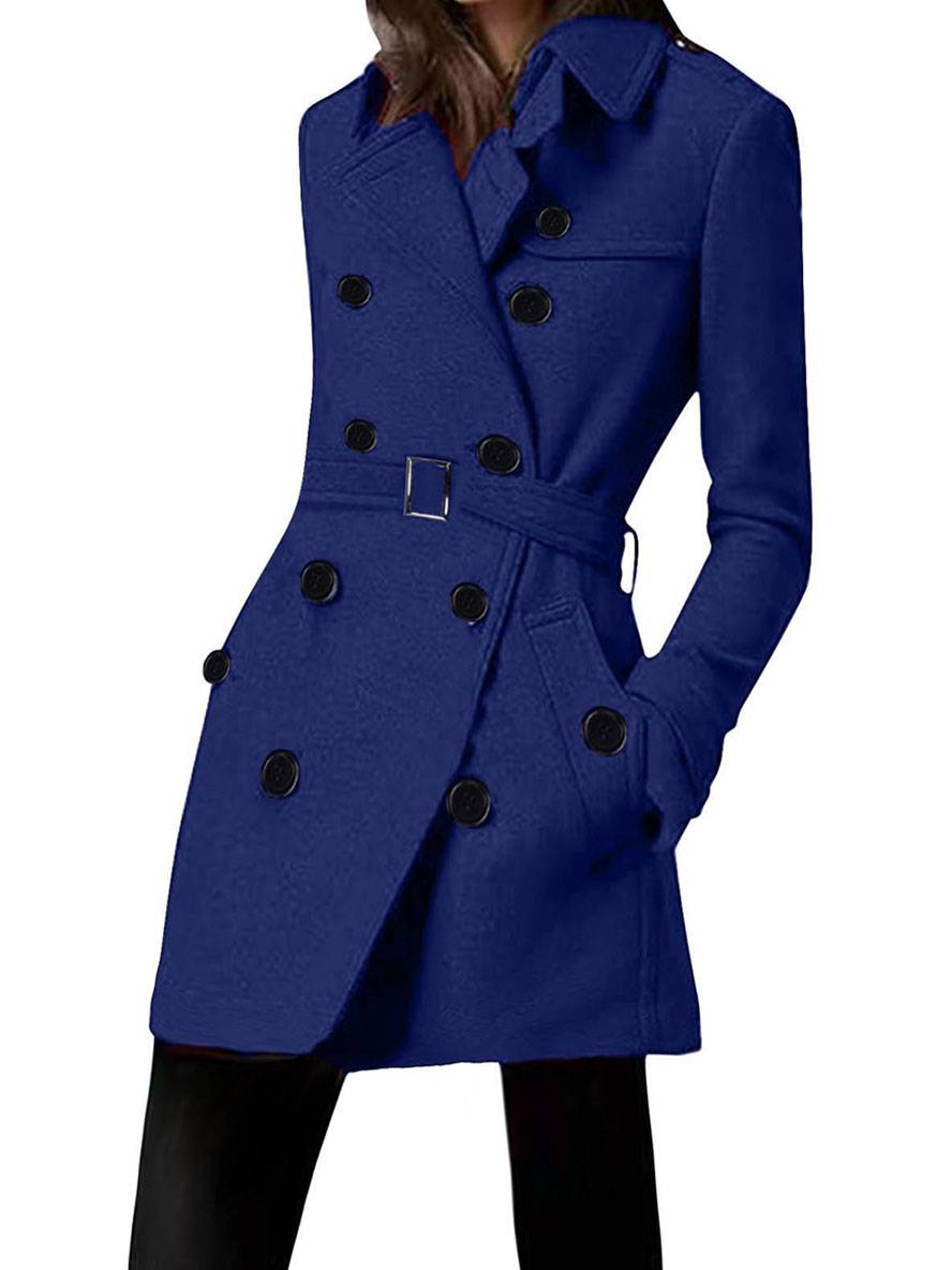 Levoire | Mi-Long Manteau En Laine À Double Boutonnage Ceinture Col À Revers Pour Femmes Élégante Veste Décontractée Bleu