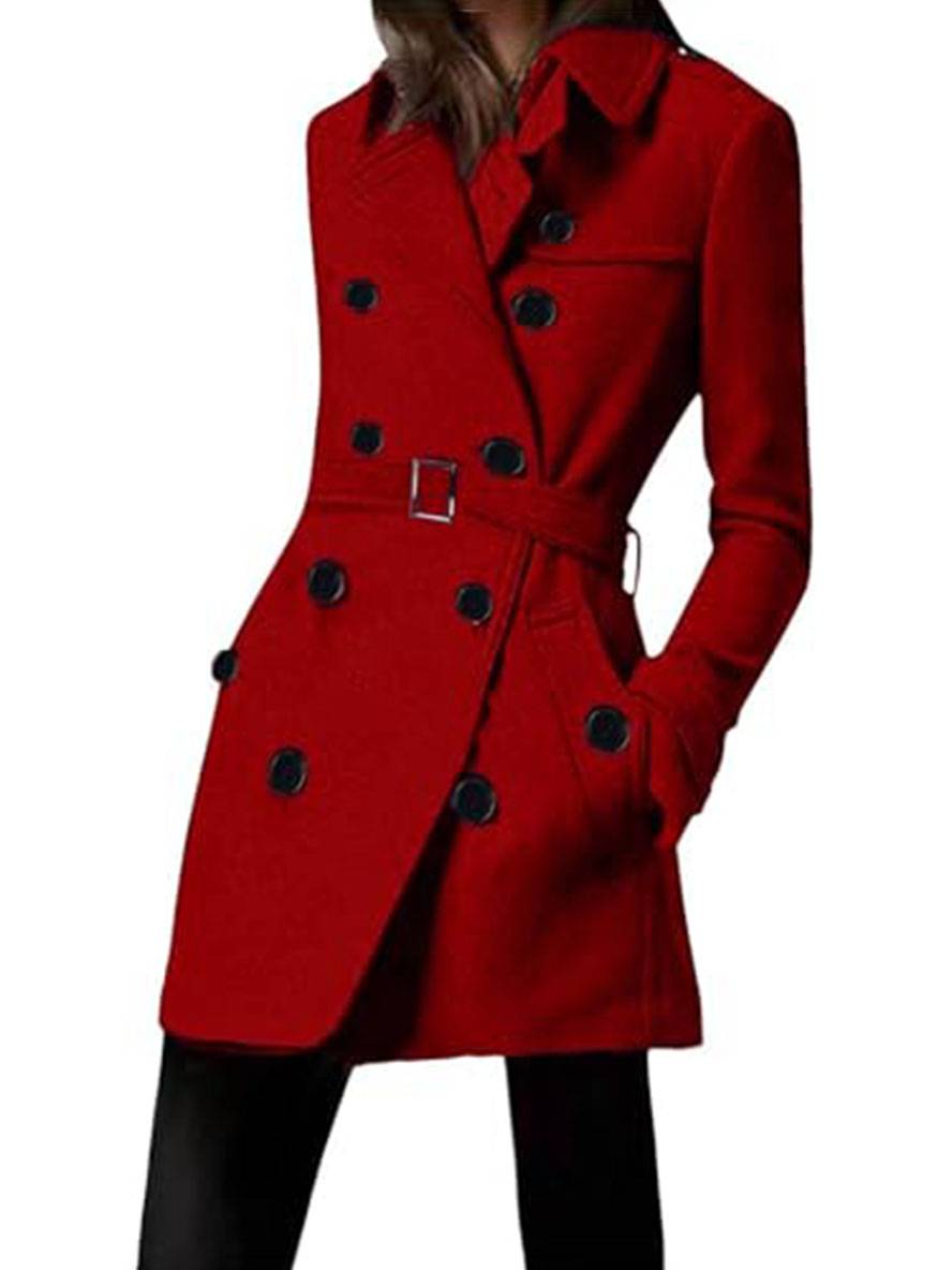 Levoire | Mi-Long Manteau En Laine À Double Boutonnage Ceinture Col À Revers Pour Femmes Élégante Veste Décontractée Rot