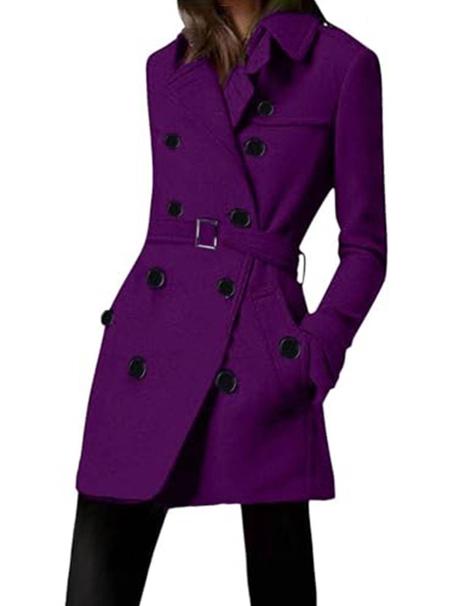 Levoire | Mi-Long Manteau En Laine À Double Boutonnage Ceinture Col À Revers Pour Femmes Élégante Veste Décontractée Violet