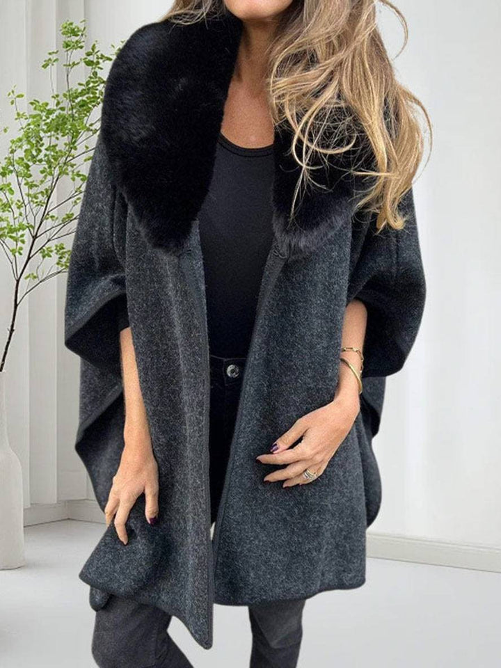 Levoire | Poncho-Manteau Mi-Long Femme Col En Fausse Fourrure Manches Longues Femme Élégant Décontracté Cape Ample Noir