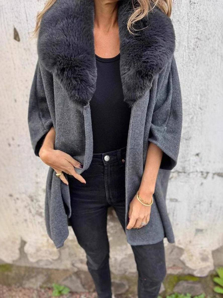 Levoire | Poncho-Manteau Mi-Long Femme Col En Fausse Fourrure Manches Longues Femme Élégant Décontracté Cape Ample Gris foncé